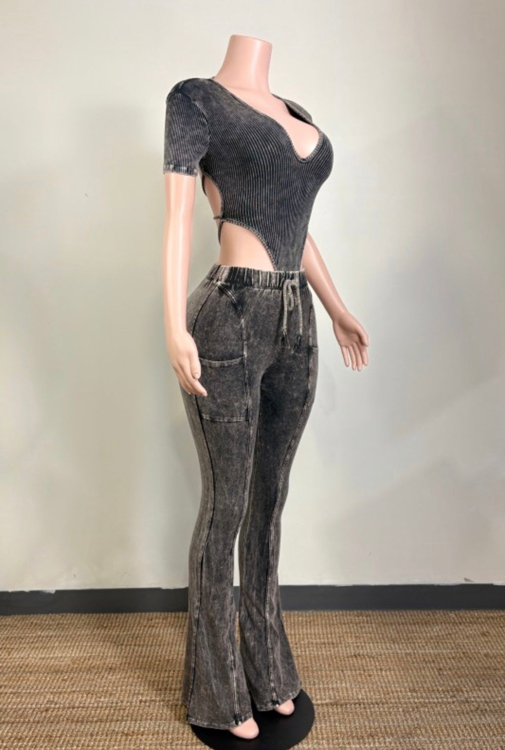 Mineral Wash Open Back Bodysuit & Flare Pant Set